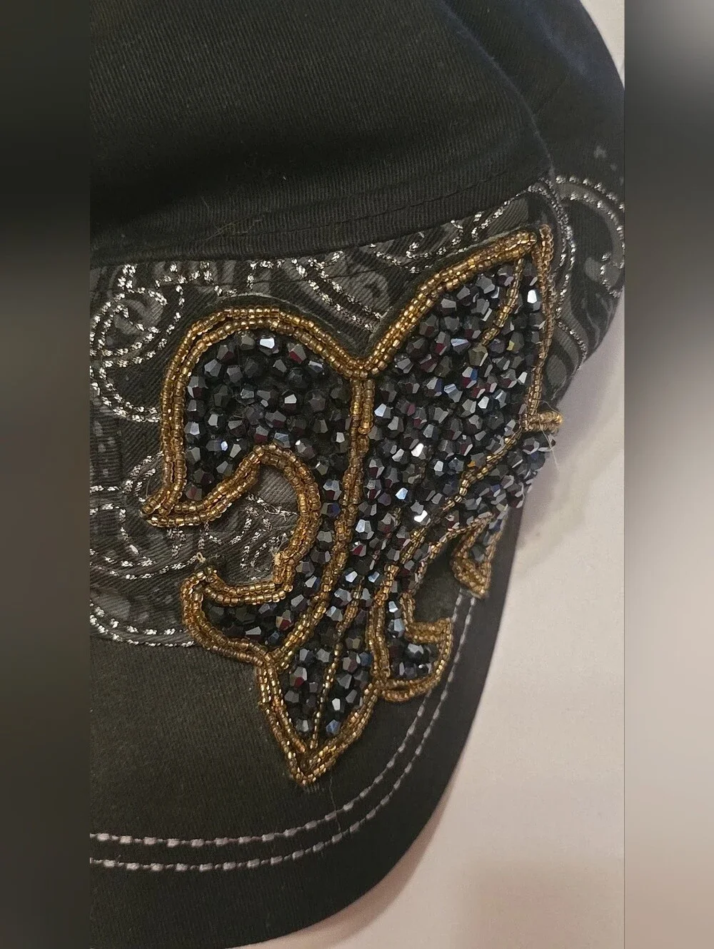 Women's Black Embellished Fluer De Lis  Hat Excellent Condition